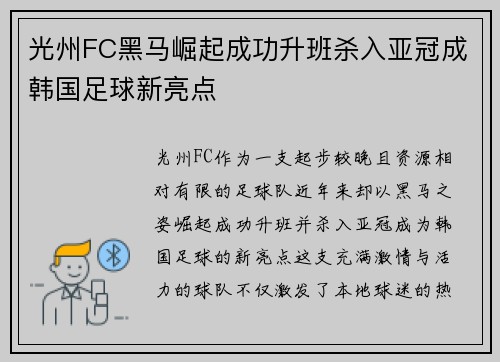 光州FC黑马崛起成功升班杀入亚冠成韩国足球新亮点