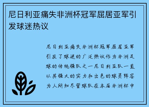 尼日利亚痛失非洲杯冠军屈居亚军引发球迷热议