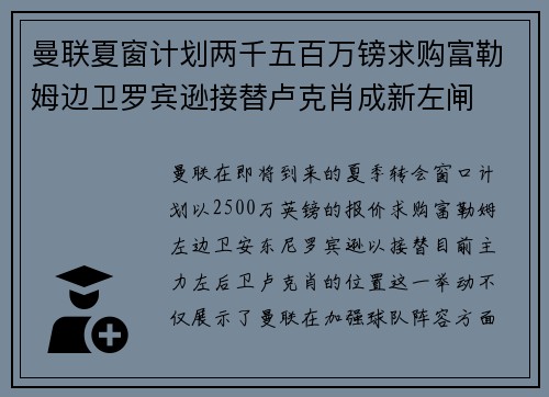 曼联夏窗计划两千五百万镑求购富勒姆边卫罗宾逊接替卢克肖成新左闸